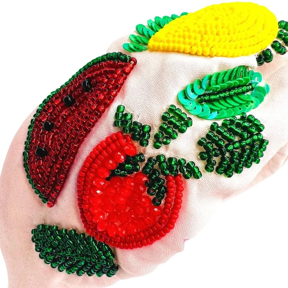 FRUIT Theme Sparkle Sequin & Seed Beaded Blush Pink Fabric Top Knot Headband NEW